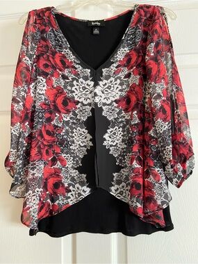 by & by Red and Black Floral Lace-Effect V-Neck Blouse